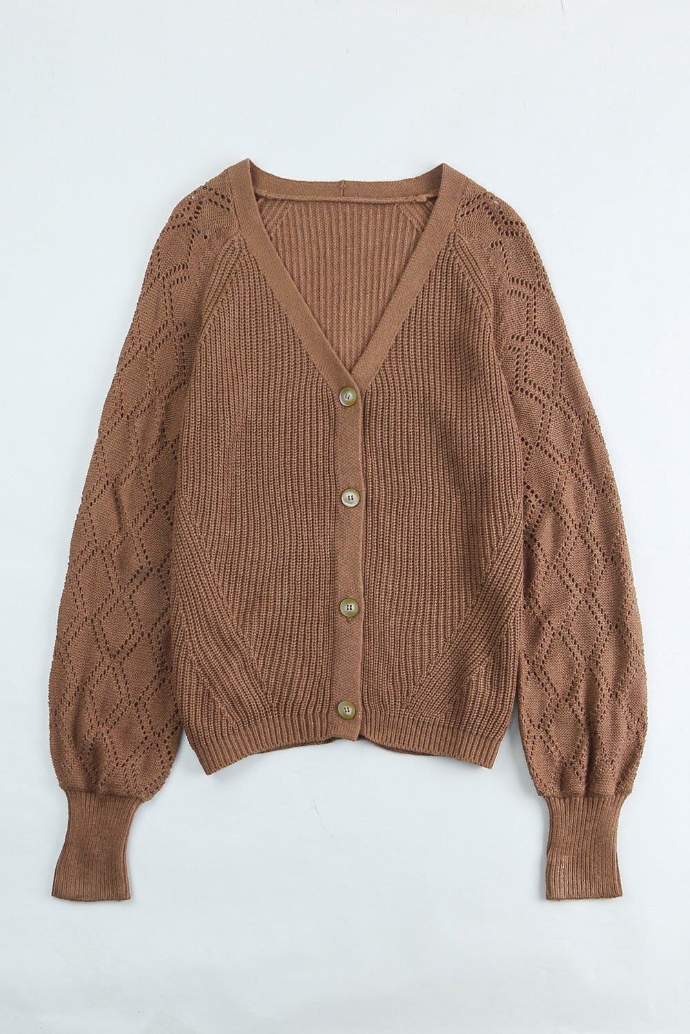 Openwork V-neck button up cardigan.