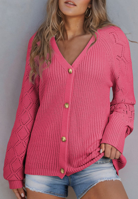 Openwork V-neck button up cardigan.