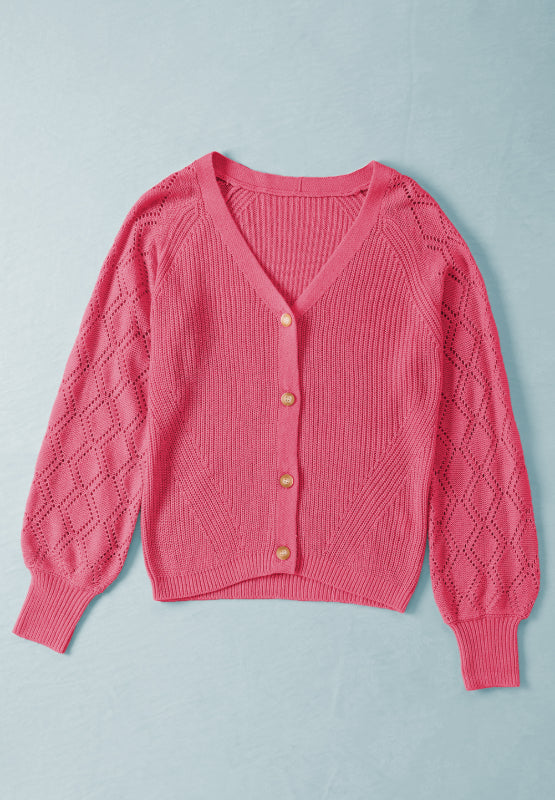 Openwork V-neck button up cardigan.