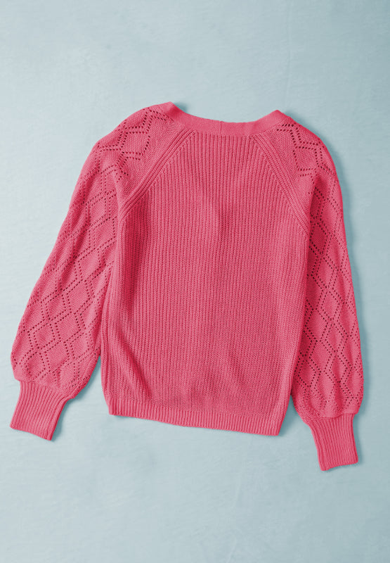 Openwork V-neck button up cardigan.