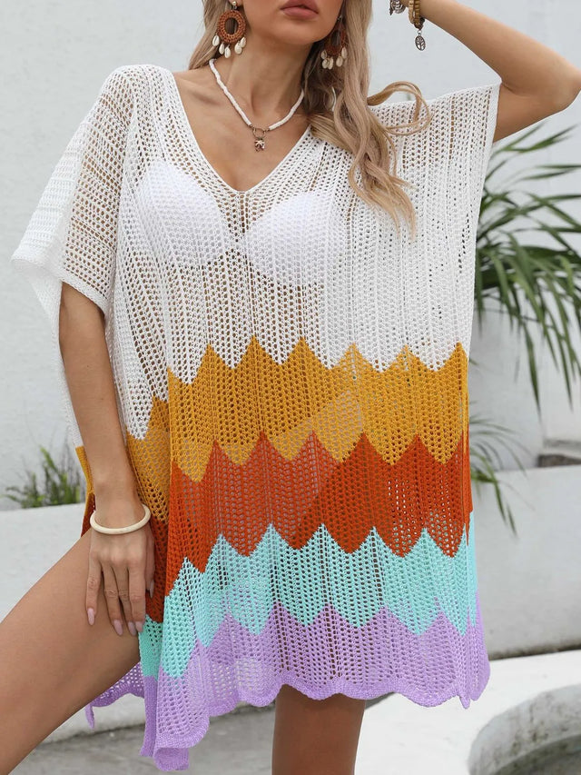 Openwork V-Neck Half Sleeve Cover-Up.