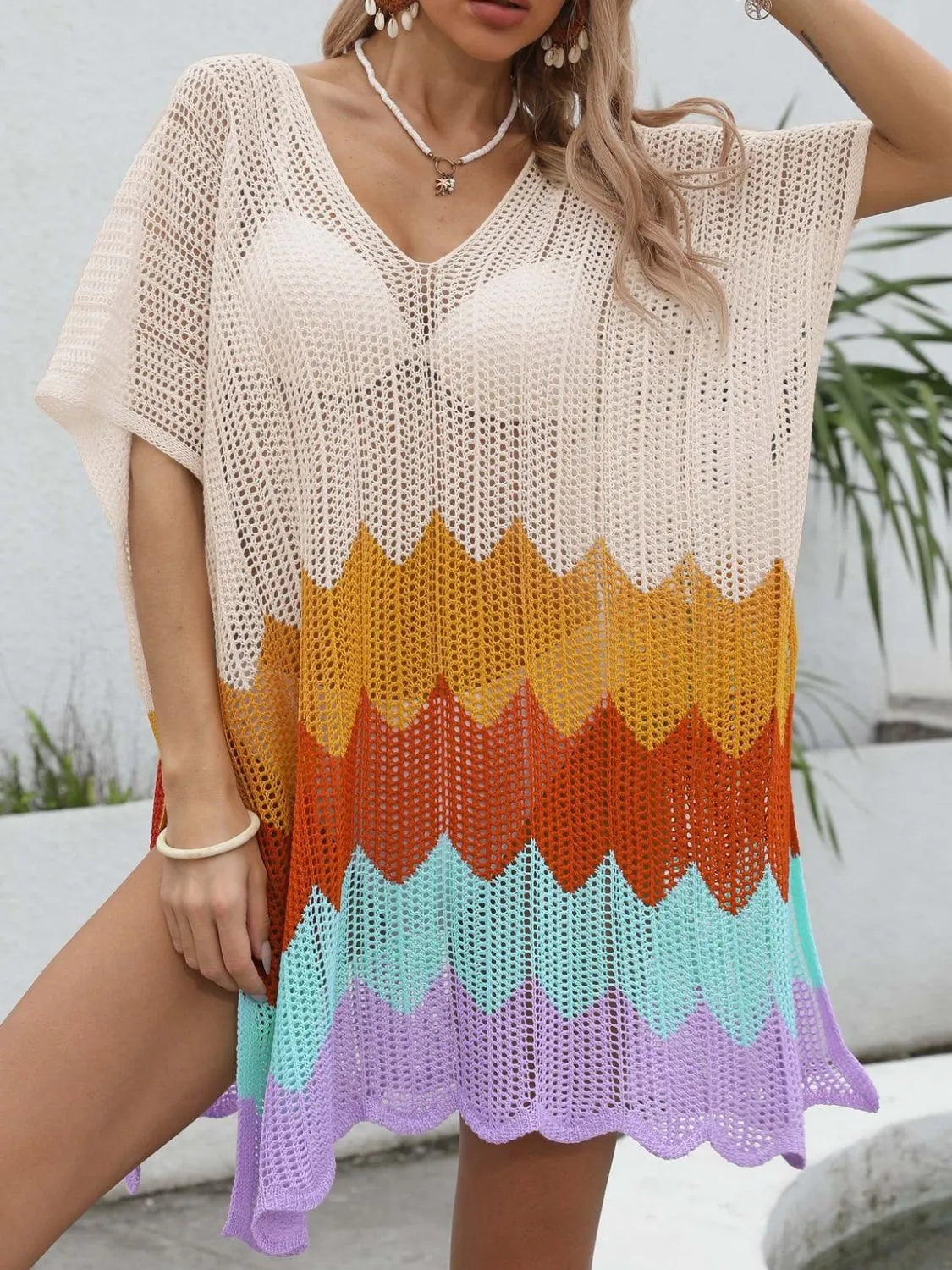 Openwork V-Neck Half Sleeve Cover-Up.