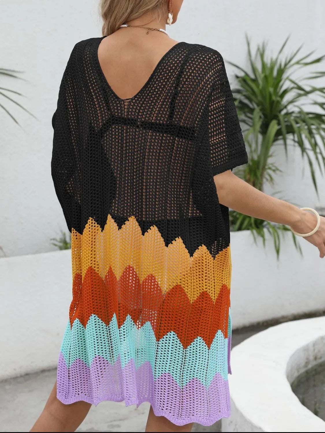 Openwork V-Neck Half Sleeve Cover-Up.