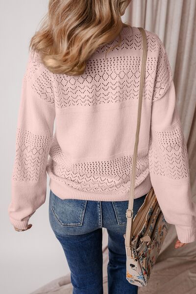 Openwork V-Neck Long Sleeve Sweater.