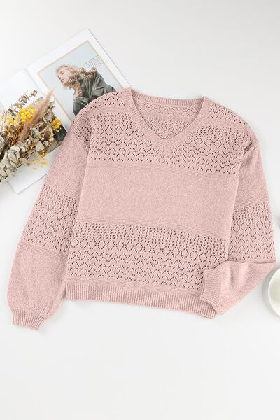 Openwork V-Neck Long Sleeve Sweater.