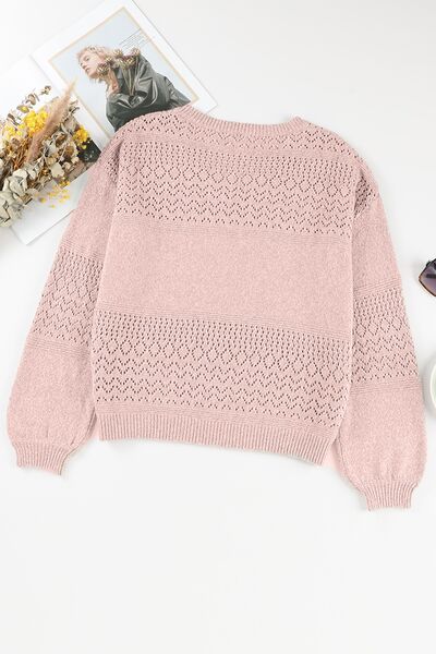 Openwork V-Neck Long Sleeve Sweater.