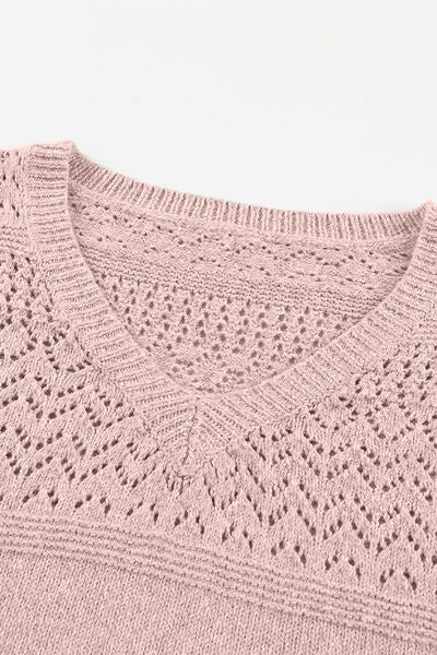 Openwork V-Neck Long Sleeve Sweater.