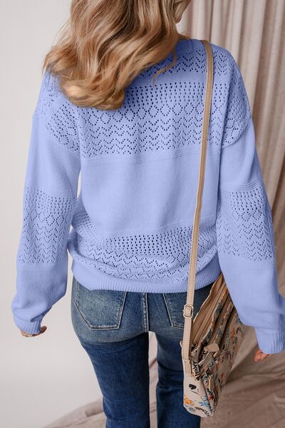 Openwork V-Neck Long Sleeve Sweater.