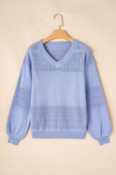 Openwork V-Neck Long Sleeve Sweater.