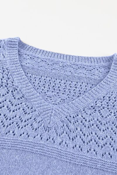 Openwork V-Neck Long Sleeve Sweater.