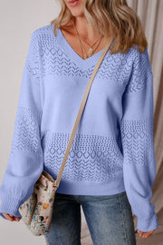 Openwork V-Neck Long Sleeve Sweater.