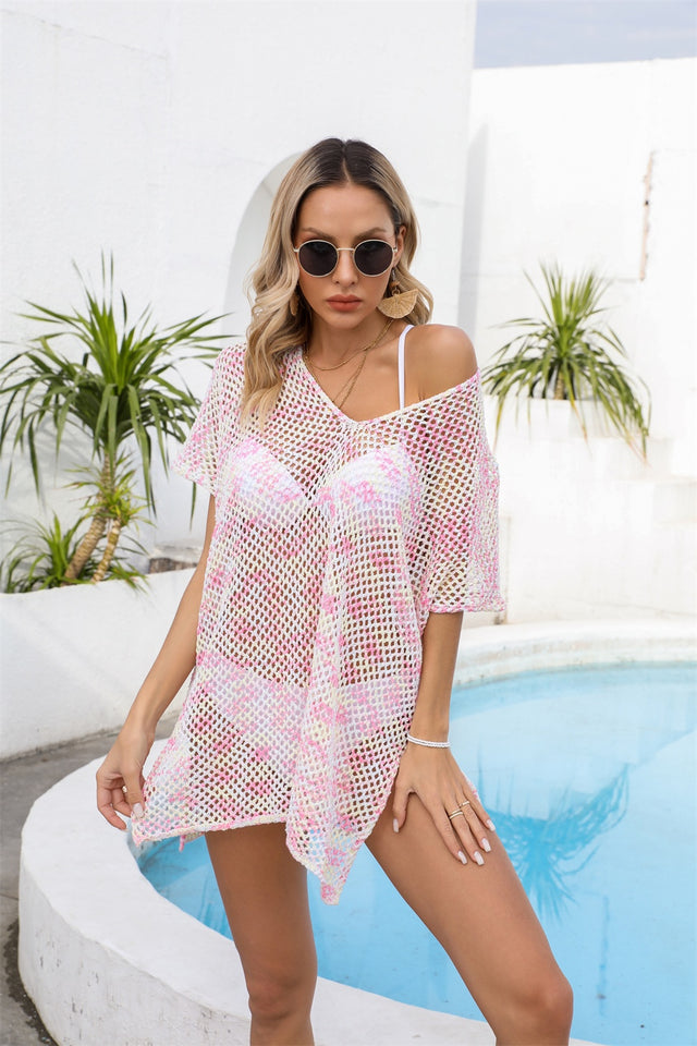 Angel Wings Openwork V-Neck Short Sleeve Cover Up.
