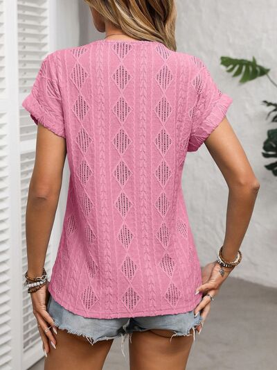 Openwork V-Neck Short Sleeve T-Shirt with Decorative Button.
