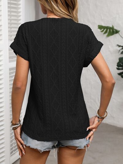 Openwork V-Neck Short Sleeve T-Shirt with Decorative Button.