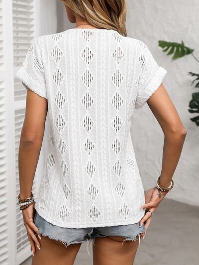 Openwork V-Neck Short Sleeve T-Shirt with Decorative Button.