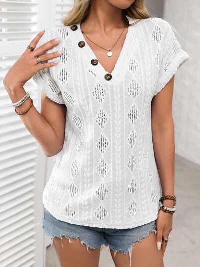 Openwork V-Neck Short Sleeve T-Shirt with Decorative Button.
