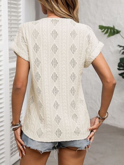Openwork V-Neck Short Sleeve T-Shirt with Decorative Button.