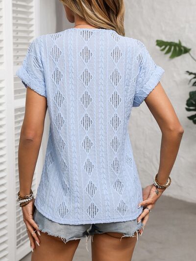 Openwork V-Neck Short Sleeve T-Shirt with Decorative Button.