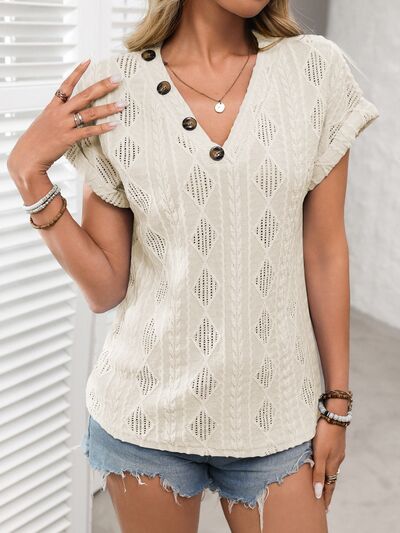 Openwork V-Neck Short Sleeve T-Shirt with Decorative Button.