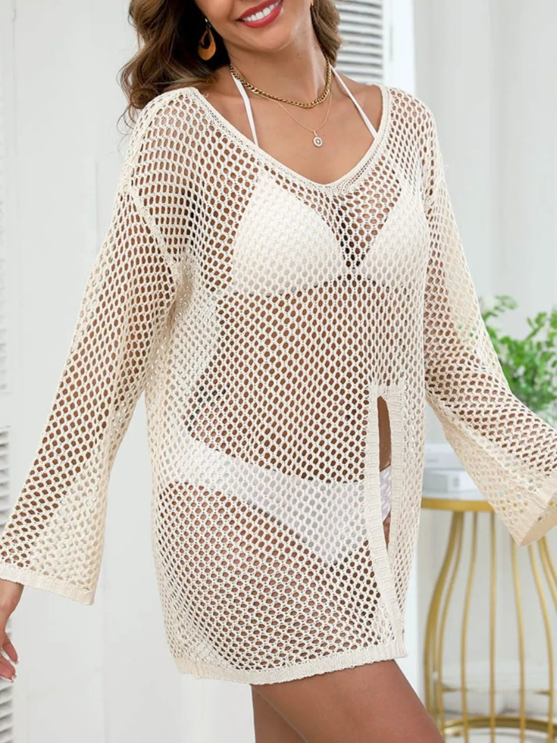 Openwork V-Neck Slit Cover-Up.