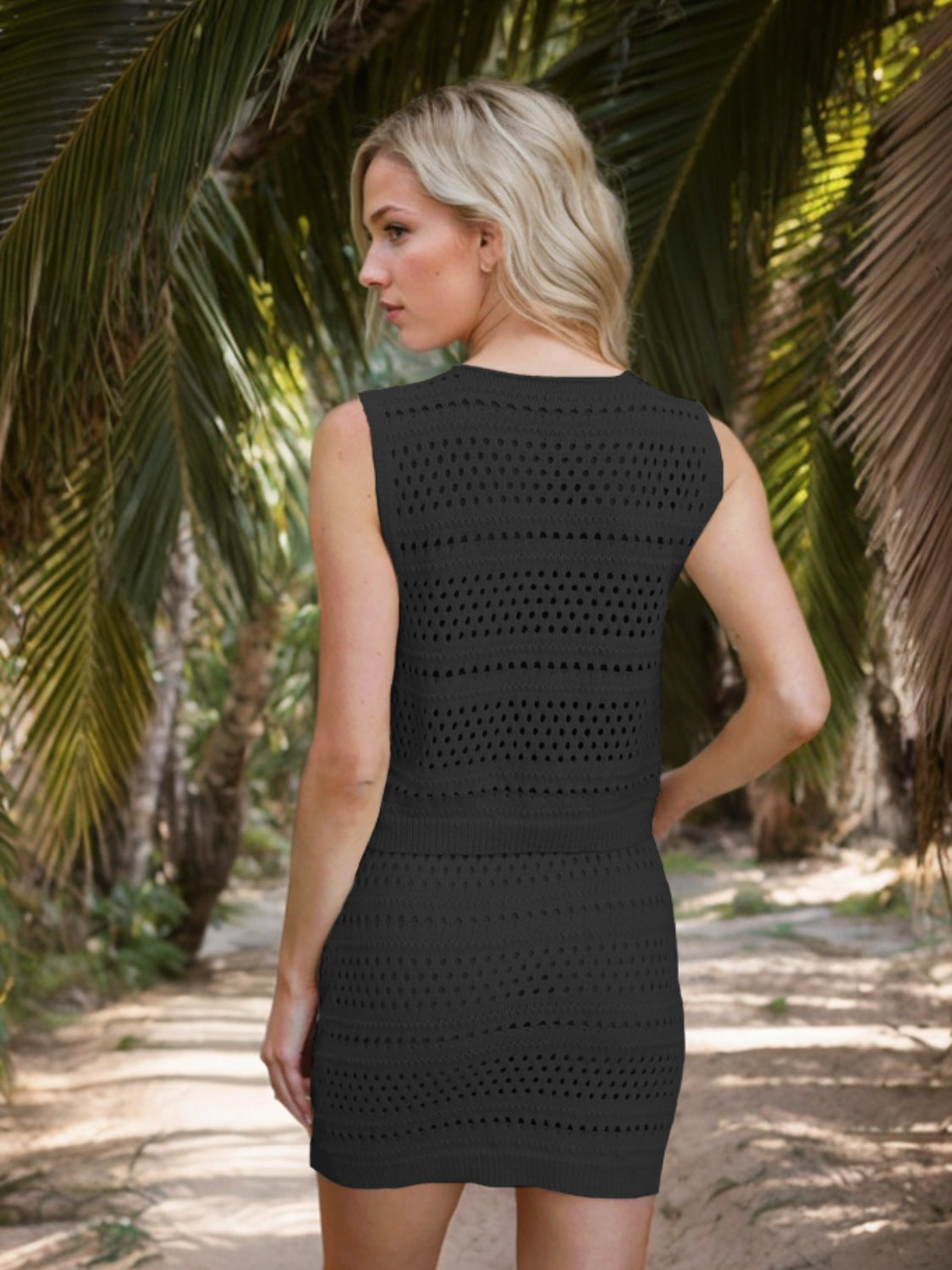 Openwork V-Neck Top and Skirt Knit Cover Up Set.