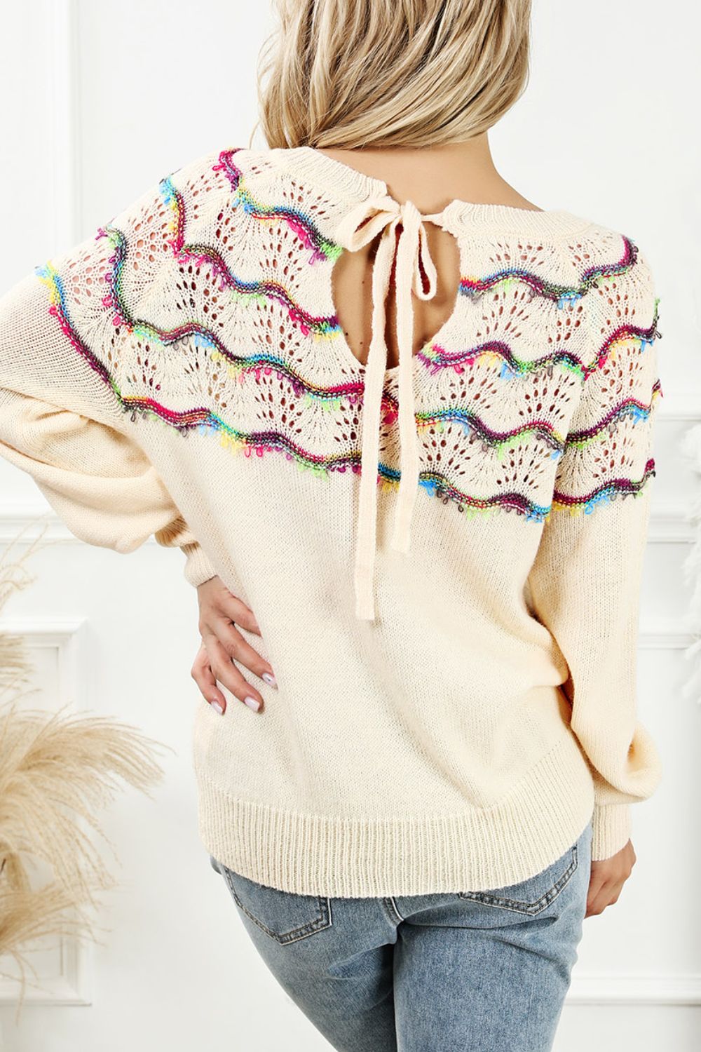 Openwork Wavy Striped Round Neck Sweater with Tied Detail.