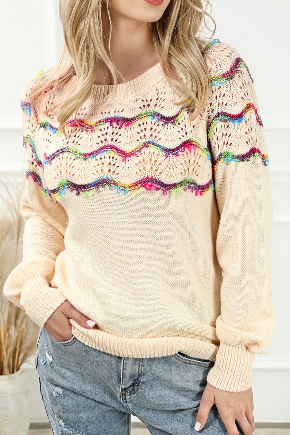 Openwork Wavy Striped Round Neck Sweater with Tied Detail.