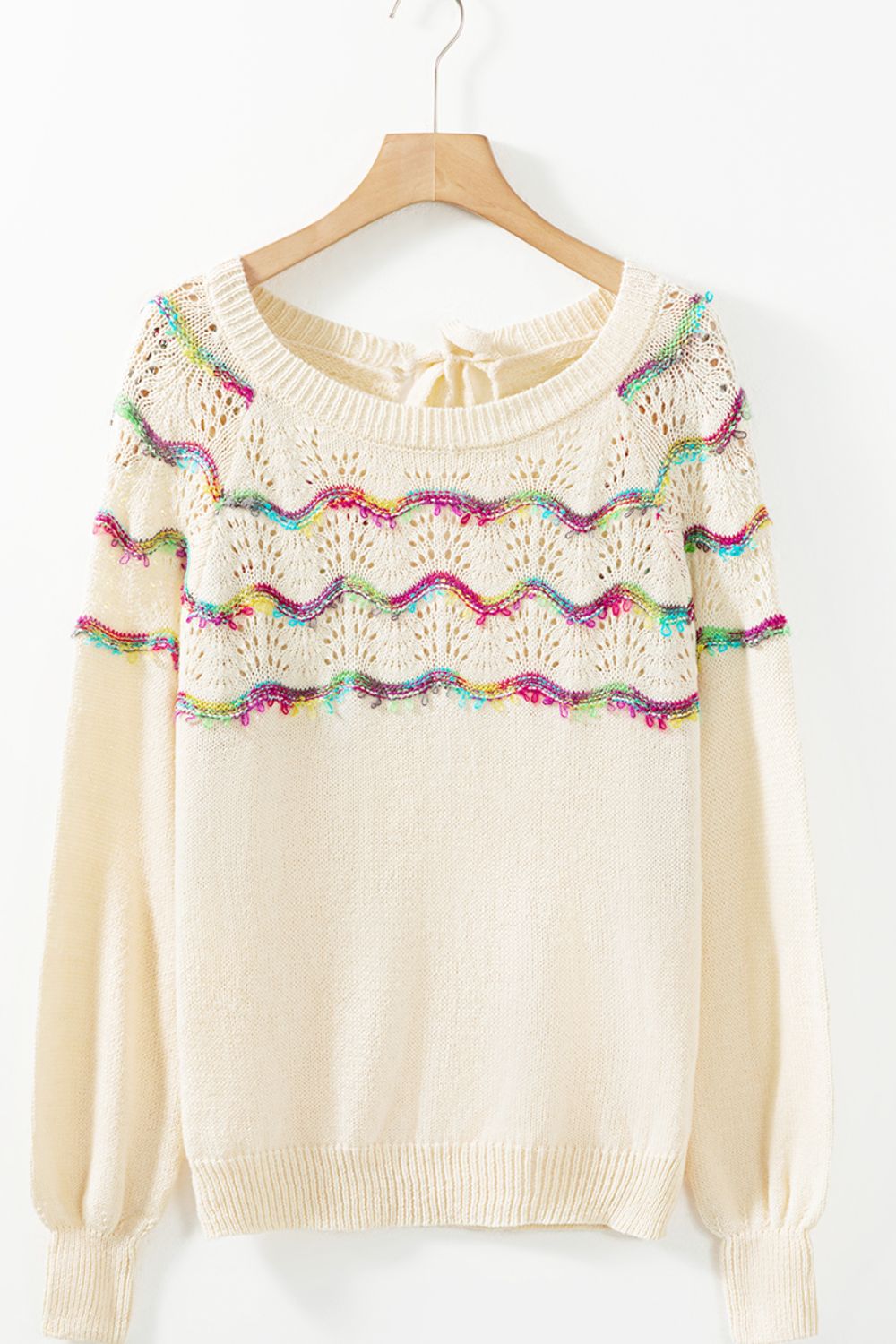 Openwork Wavy Striped Round Neck Sweater with Tied Detail.