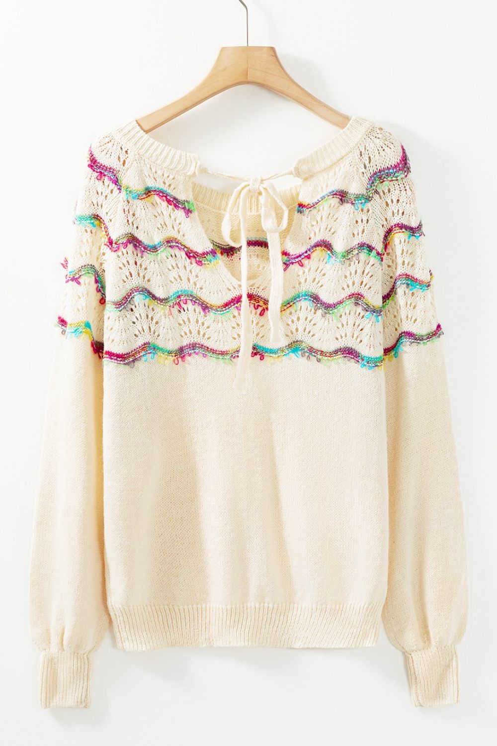 Openwork Wavy Striped Round Neck Sweater with Tied Detail.