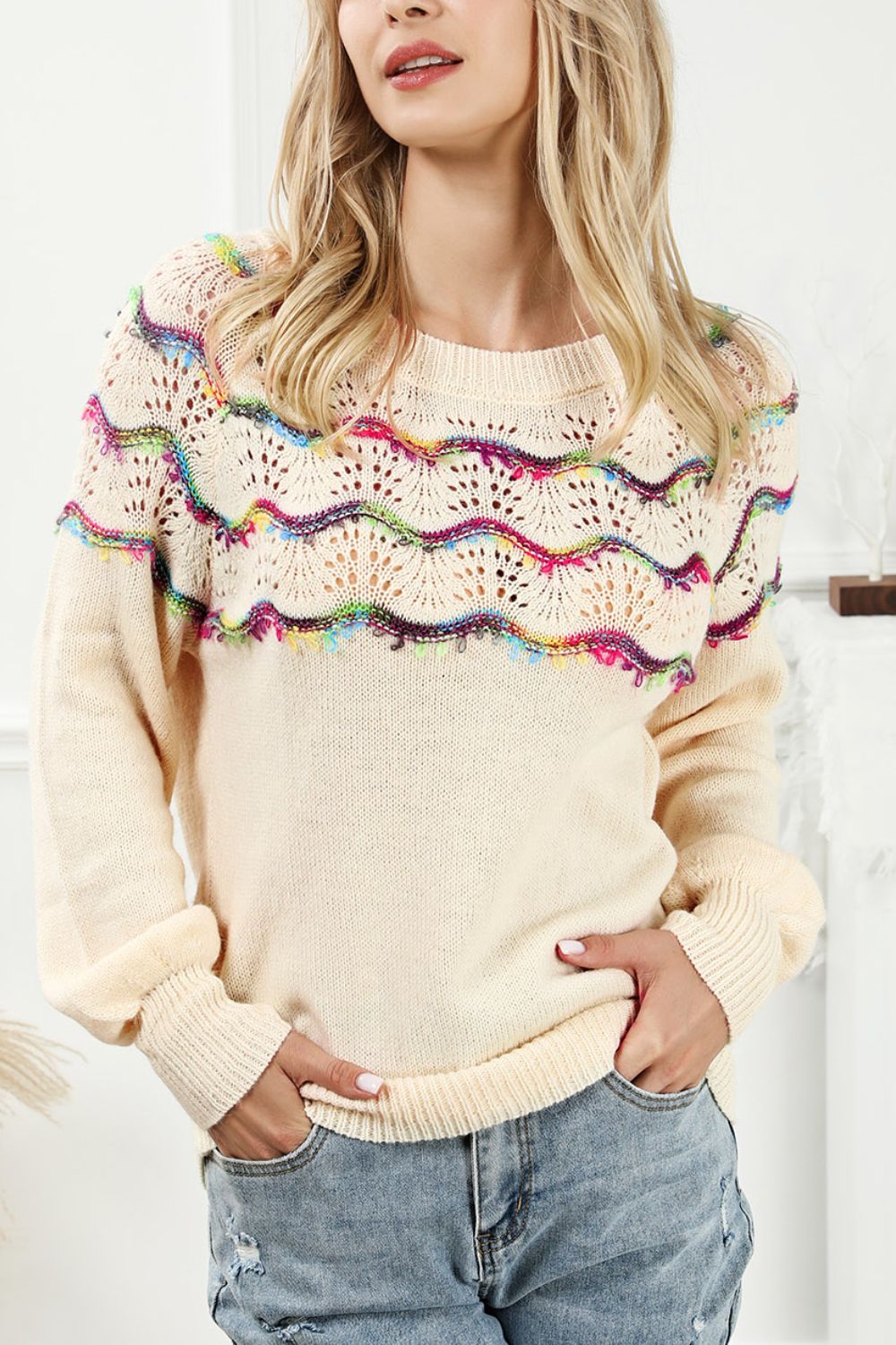 Openwork Wavy Striped Round Neck Sweater with Tied Detail.