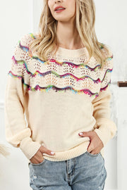 Openwork Wavy Striped Round Neck Sweater with Tied Detail.