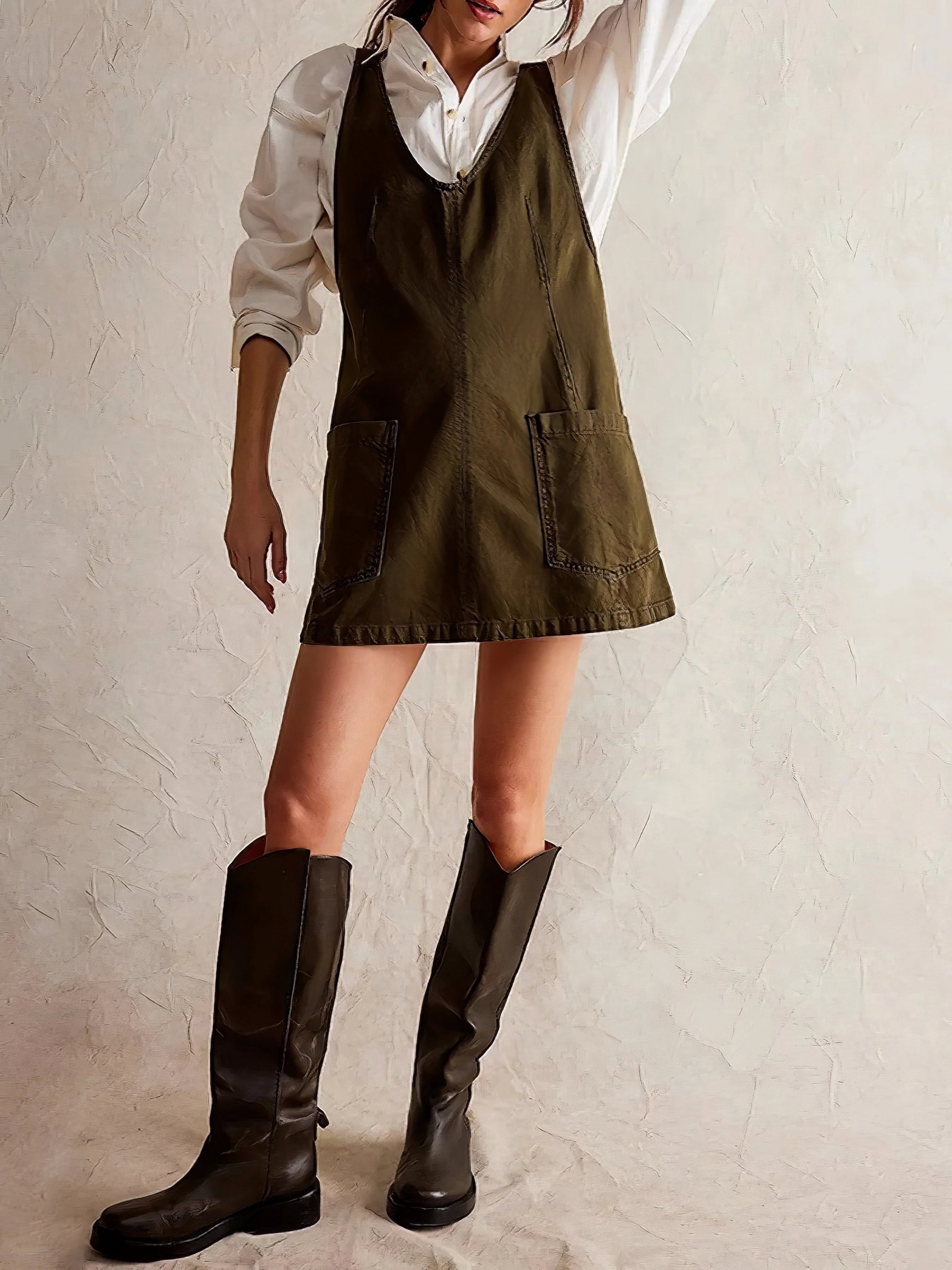 Oversized V-Neck Denim Tank Dress with Front Pockets.