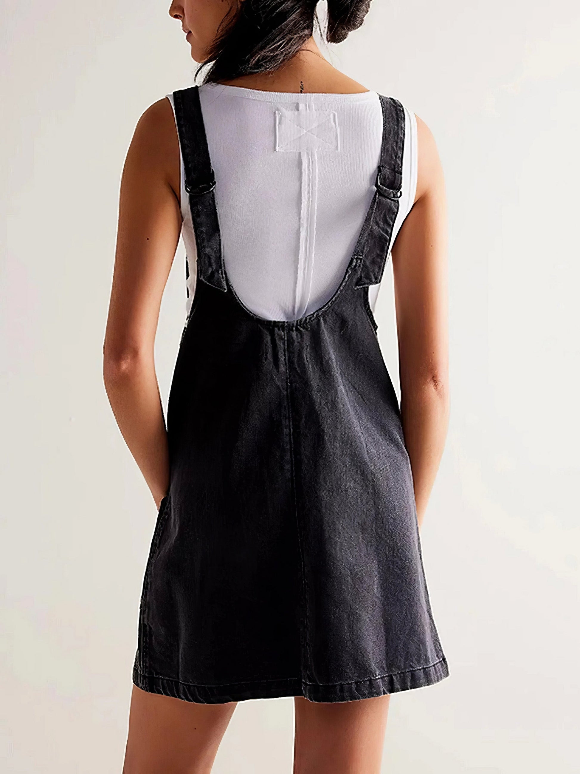 Oversized V-Neck Denim Tank Dress with Front Pockets.