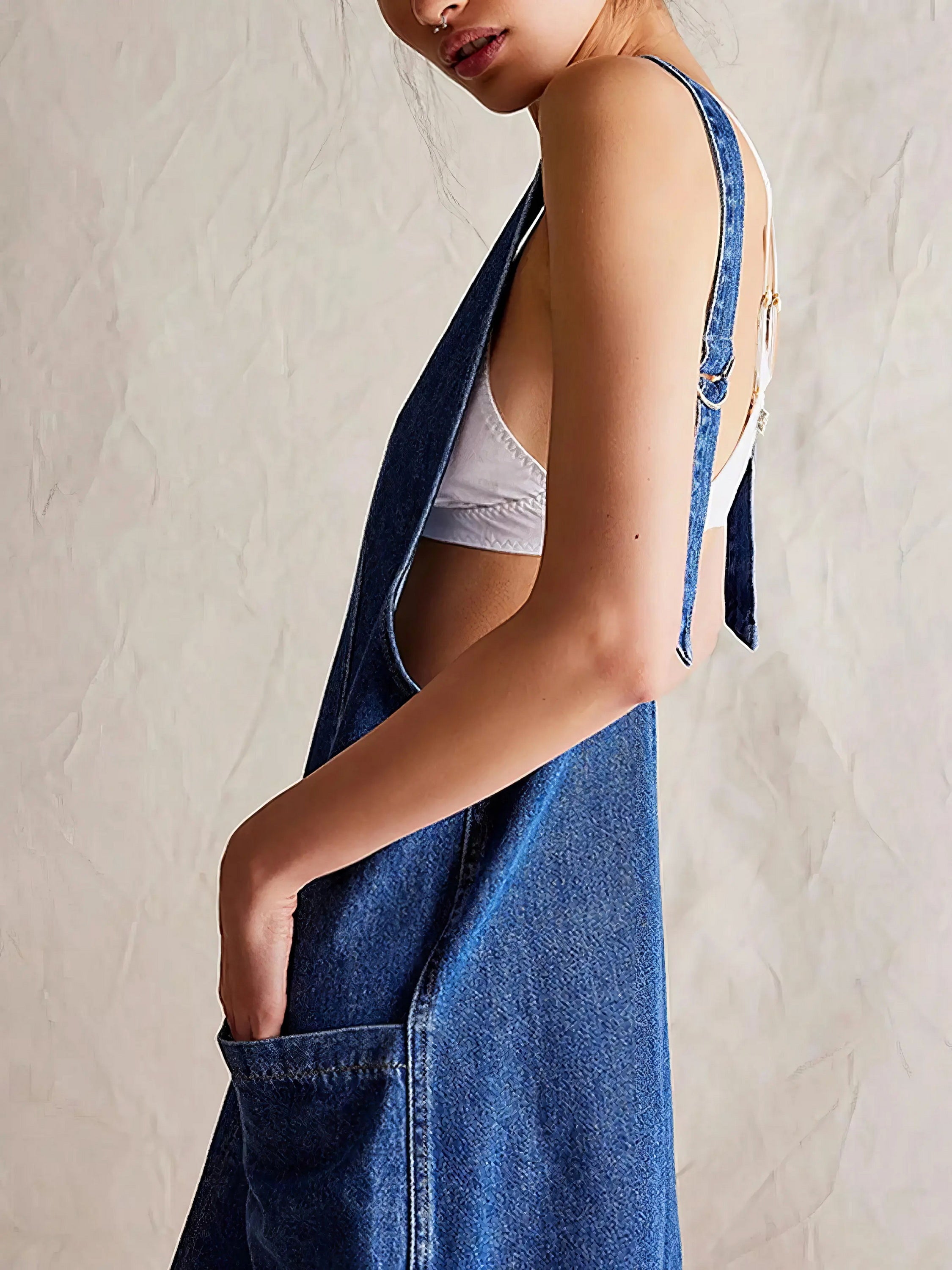 Oversized V-Neck Denim Tank Dress with Front Pockets.