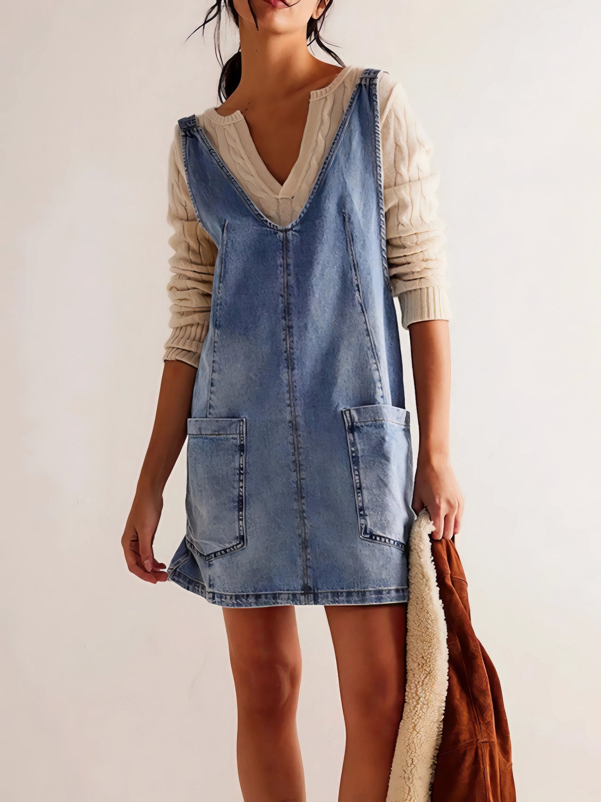 Oversized V-Neck Denim Tank Dress with Front Pockets.