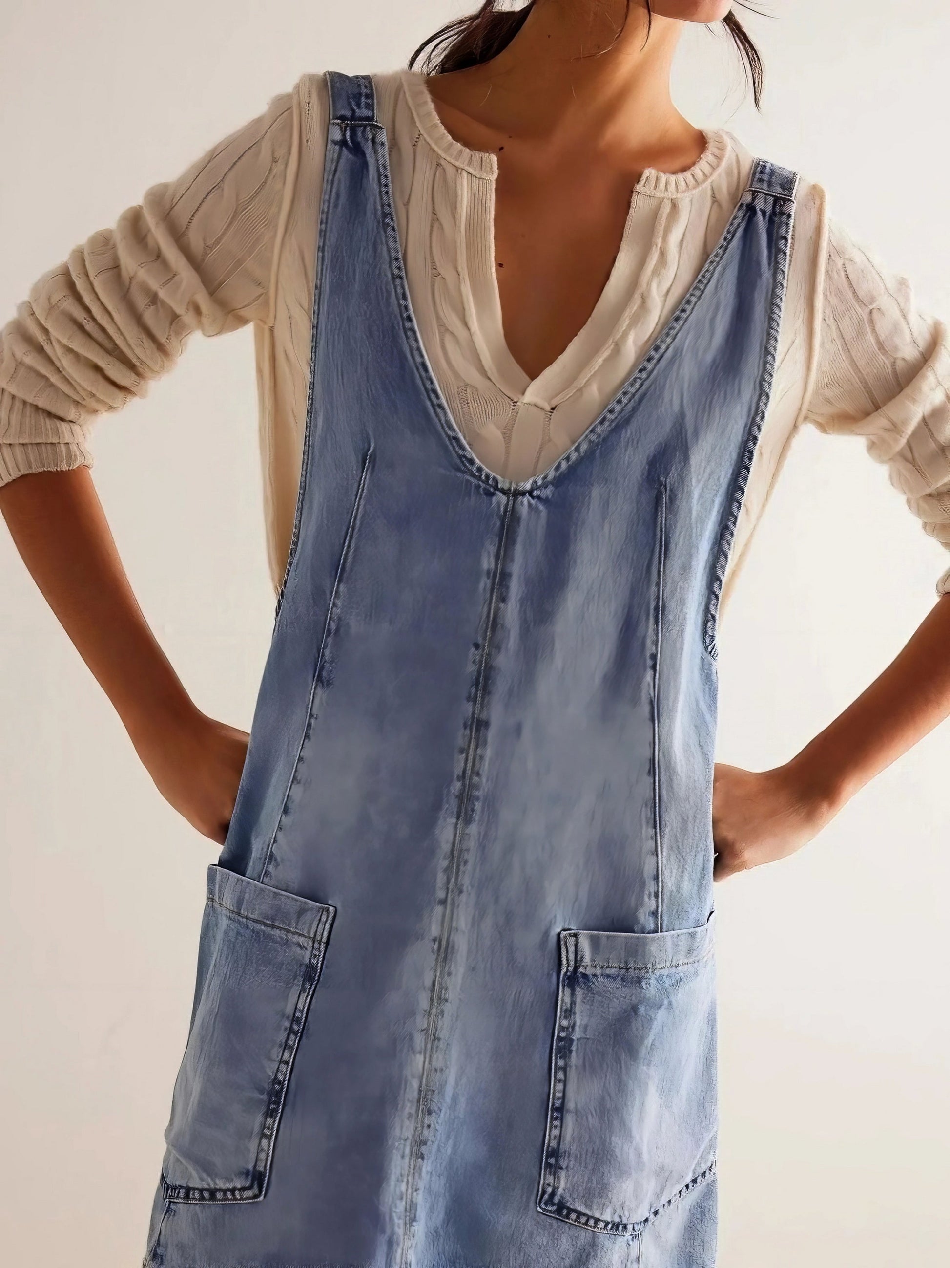 Oversized V-Neck Denim Tank Dress with Front Pockets.