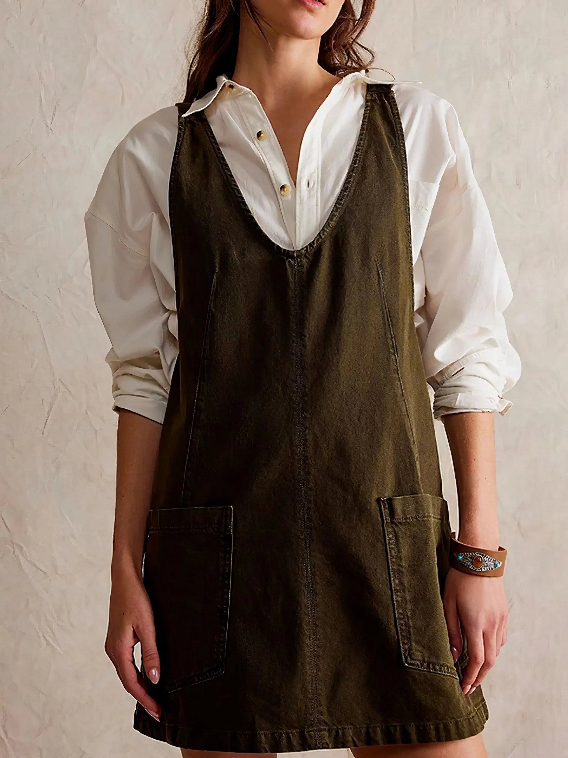 Oversized V-Neck Denim Tank Dress with Front Pockets.