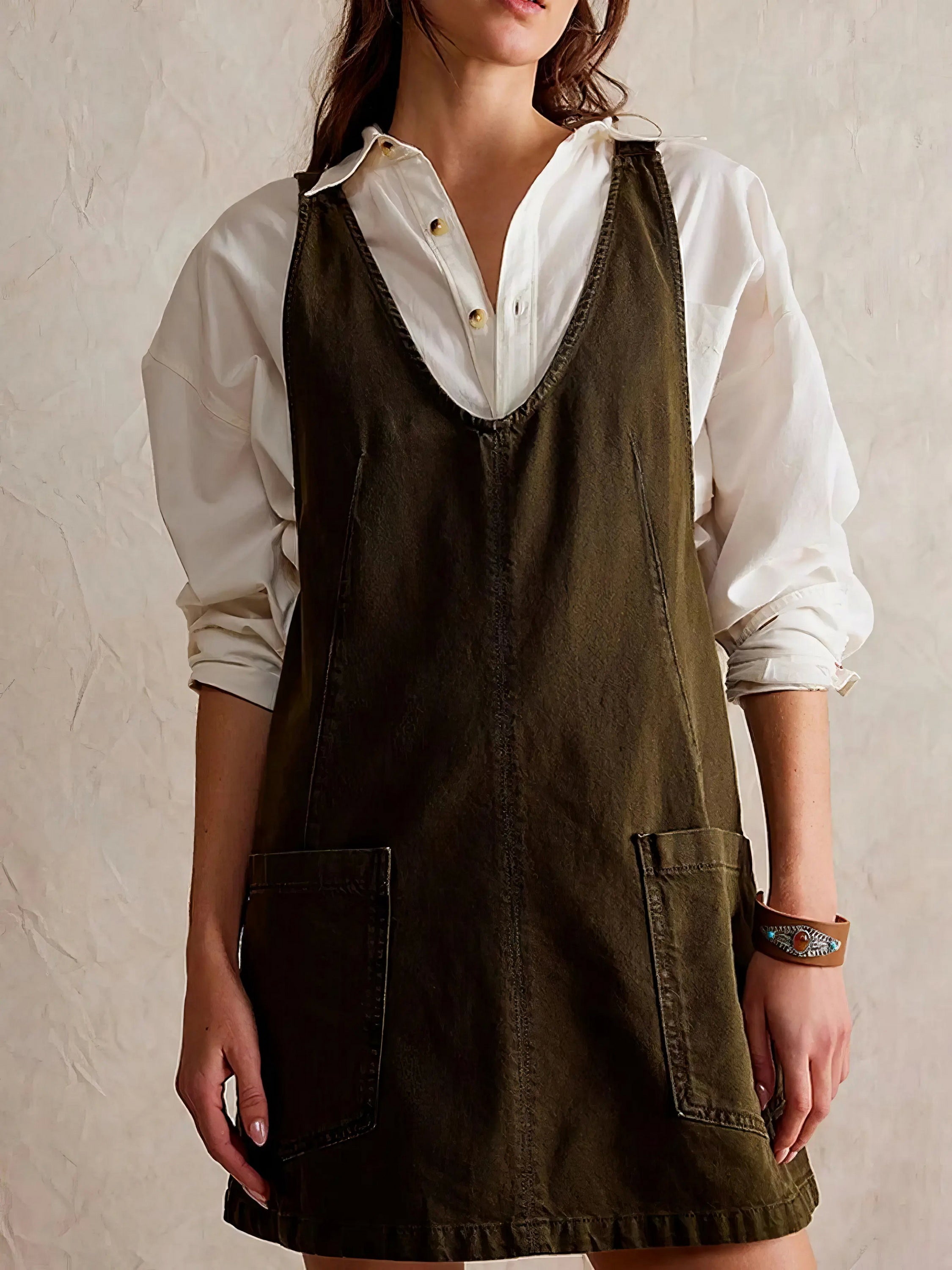 Oversized V-Neck Denim Tank Dress with Front Pockets.