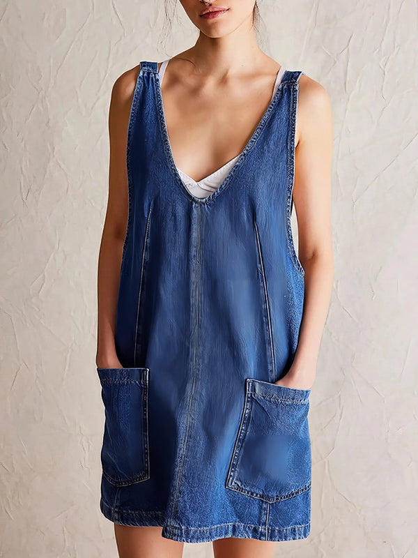 Oversized V-Neck Denim Tank Dress with Front Pockets.