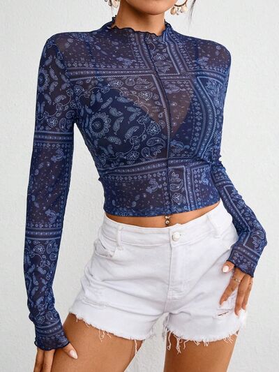 Paisley Mock Neck Long Sleeve Sheer Top.