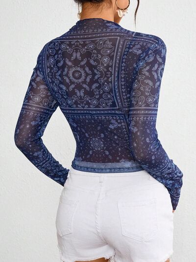 Paisley Mock Neck Long Sleeve Sheer Top.