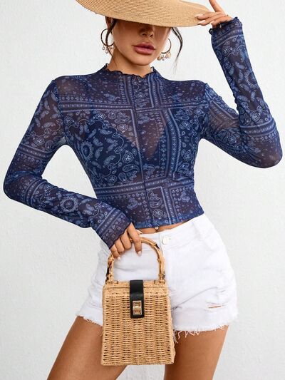 Paisley Mock Neck Long Sleeve Sheer Top.