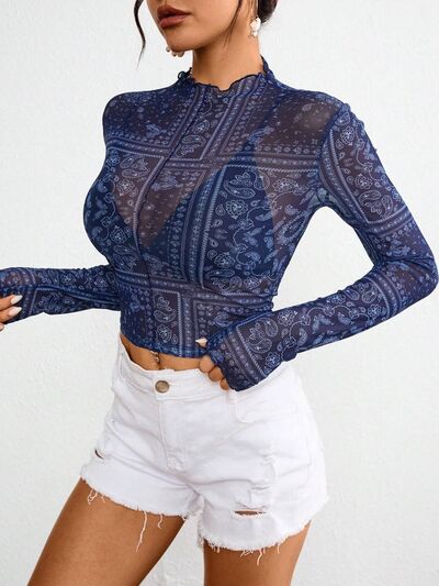 Paisley Mock Neck Long Sleeve Sheer Top.