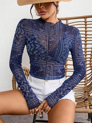 Paisley Mock Neck Long Sleeve Sheer Top.