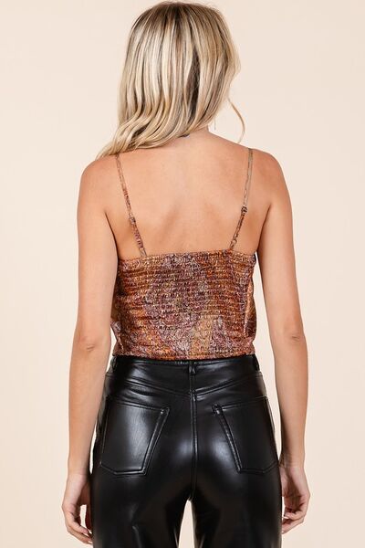 Paisley patchwork print satin cowl neck crop cami with smocked detail, slightly stretchy.