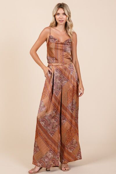 Paisley patchwork print satin cowl neck crop cami with smocked detail, slightly stretchy.