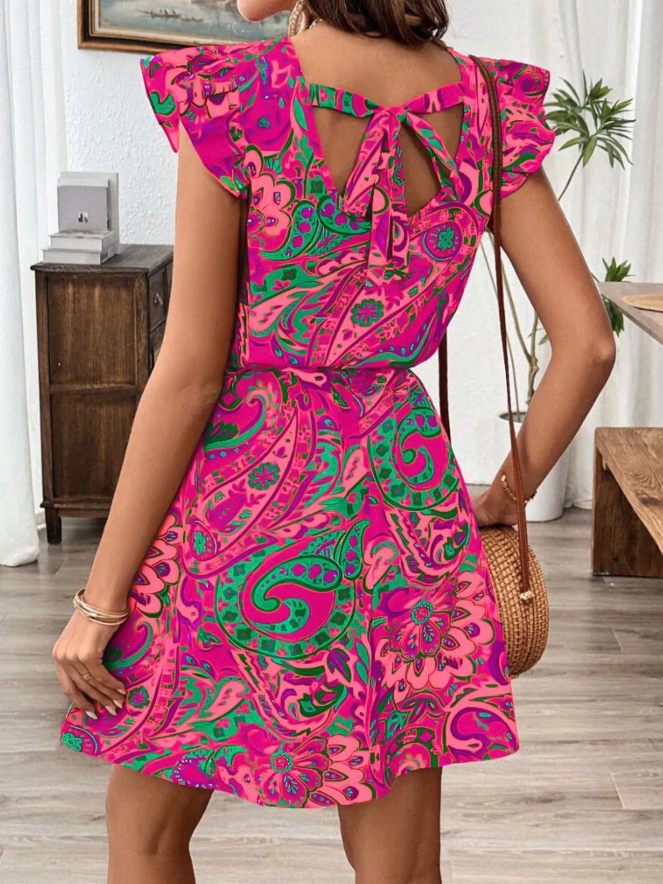 Paisley Print Ruffle Sleeve Mini Dress.