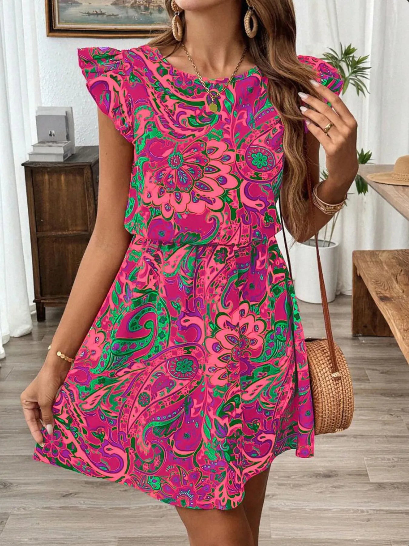 Paisley Print Ruffle Sleeve Mini Dress.