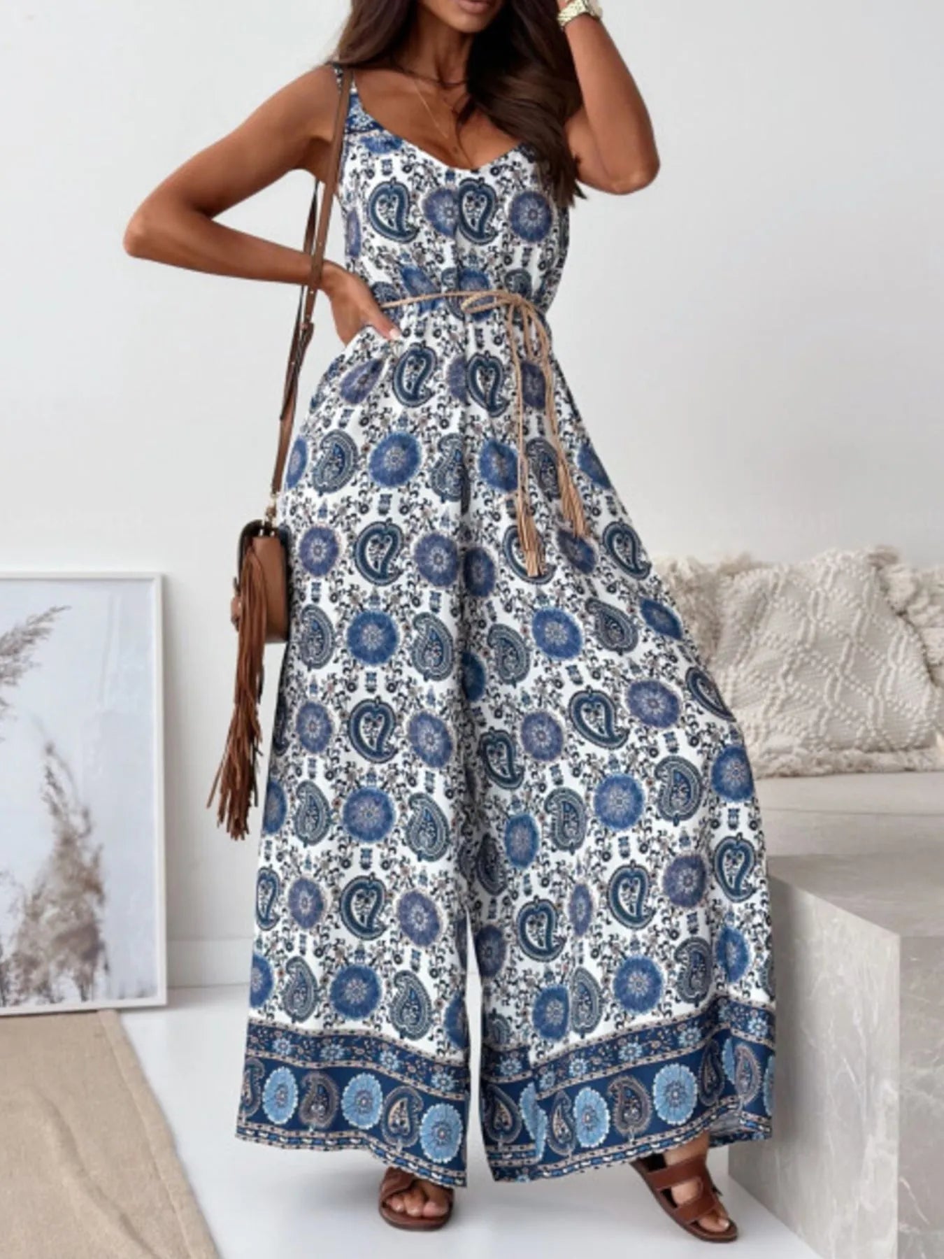 Paisley Print Spaghetti Strap Wide Leg Jumpsuit