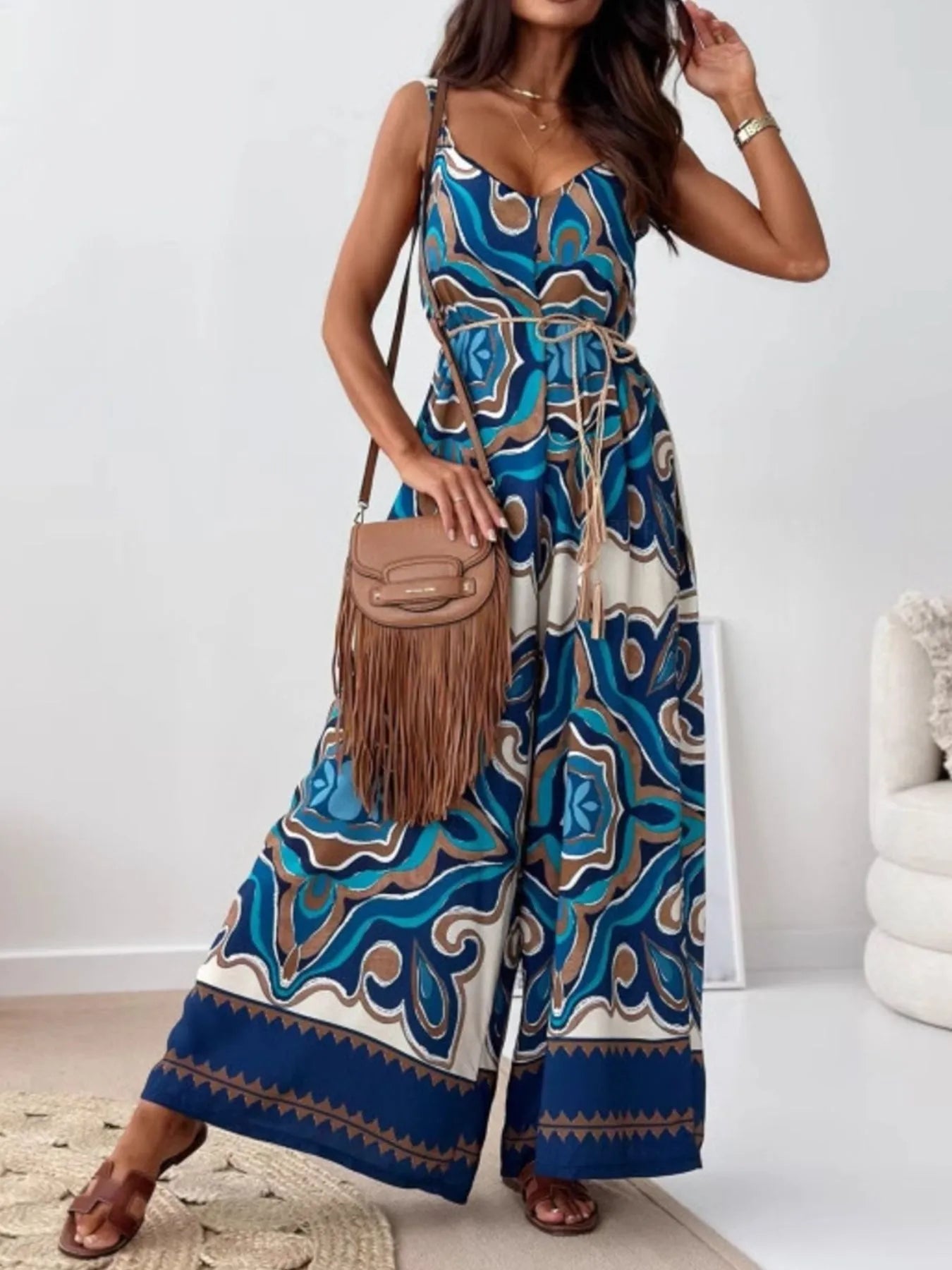 Paisley Print Spaghetti Strap Wide Leg Jumpsuit
